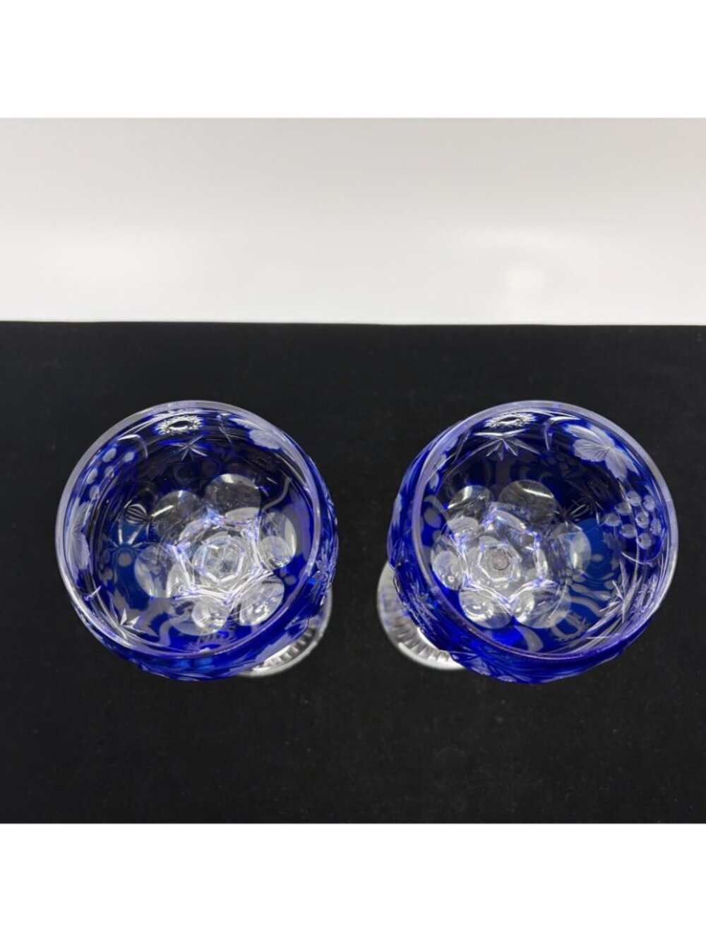 Vintage Ajka Marsala Cobalt Blue Tall Hock Wine Glasses Cut to Clear Pair 8" - Picture 7 of 8